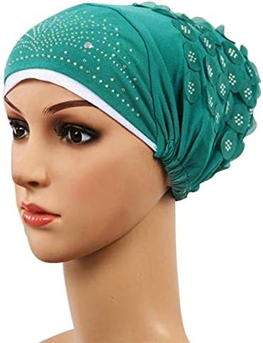 Турбан капа бисер со мониста хемо капа, женски глава шамија завиткана хиџиб капаче што ја покрива муслиманската истегнување ретро опаѓање на косата руно грав