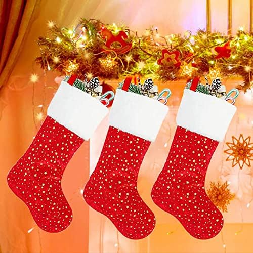 Божиќни чорапи 4 пакувања 18 инчи Златна starвезда со бела кадифен трим класичен персонализиран големи црвени Божиќни чорапи украси за украси