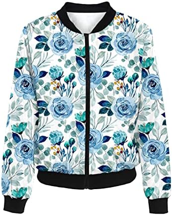Womenените цветни печатени бомбаш јакна 2023 моден штанд јака по поштенски палто на отворени предни јакни со долг ракав кардиган