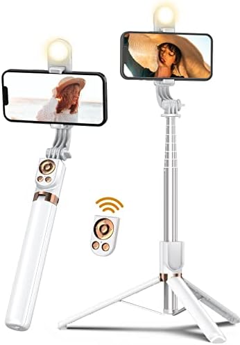 55 '' Selfie Stick Tripod со безжичен далечински управувач, трајно статив за мобилниот телефон, патувачки статив со LED светло за полнење,