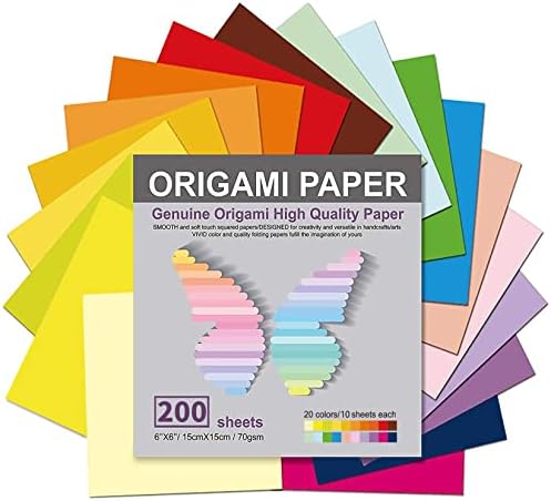 Хартија за оригами 200 листови, 20 живописни бои, двострани бои прават шарени и лесни оригами, 6 -инчен квадратен лист, за деца и