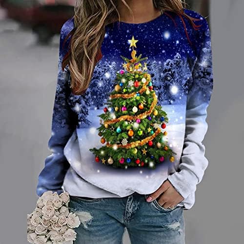 Brkewi женски Божиќни туники врвови мода 2023 новогодишна долга ракав џемпери со екипаж на екипажот, запали џемпер на џемпери на дрво