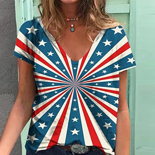 Аузист женски маички Краток ракав против вратот на вратот Американски знаме маички на 4 -ти јули starsвезди ленти печатат патриотски