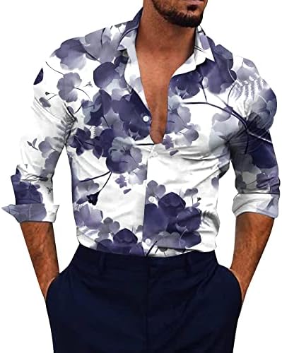 Копче за мажи XXBR надолу случајни кошули, пад на јака од цветна лав, печати хавајски кошули со долги ракави кошули на плажа