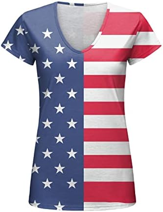 4 јули Кошули За Жени Лето Обични Американски Знаме Маица Краток Ракав V-Вратот Ленти Вратоврска-Боја Патриотски Блуза Врвот