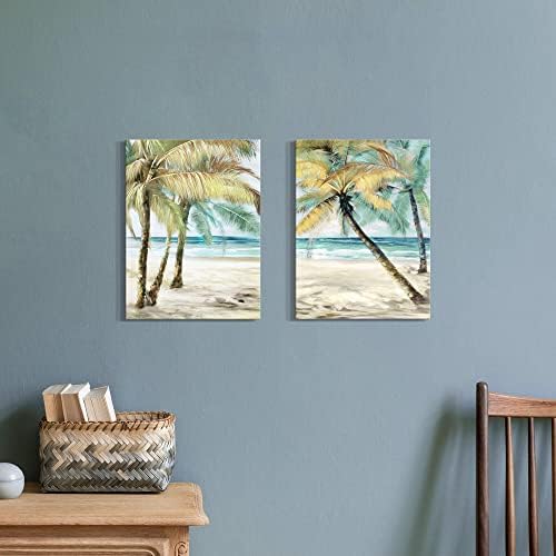 Сликарство на тропско плажа платно: модерни 2 парчиња приморска палма wallидна уметност океански бран морско море со морско море, релаксирачки морски брегови, уметни