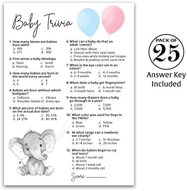 Игра за забава на родови-Игра за бебиња Тривија-пакет од 25-слонови розови или сини забавни игри за бебиња, сини или розови тривијални