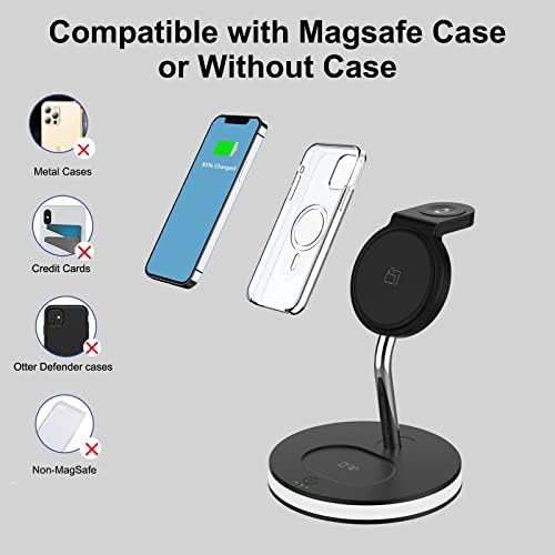 4 Во 1 магнетски безжичен полнач, Qi-овластена 15W брза станица за полнење со LED светло и USB-A Port за Magsafe Charger Stand iPhone 14,13,12