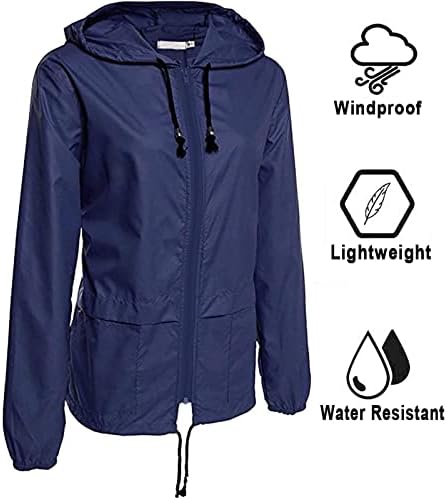 Foviguo јакна за дожд за жени, пешачење со долг ракав јакна жени есен елегантен со џебови јакна цврста качулка удобност