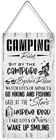 Смешни правила за кампување Цитат изреки за домашни wallидни декор Дрвени знаци Рустикална фарма што виси wallидна плакета знак за кампер