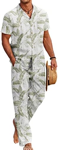 Coofandy Men Lenen облеки 2 парчиња облека на плажа Хавијан тропциална кошула долги панталони