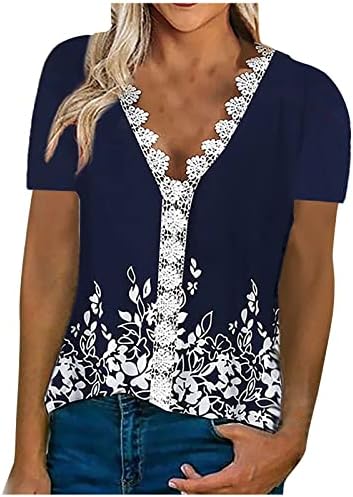 Тинејџерски девојки 2023 Краток ракав против градиент на вратот, цветна графичка врвна маица летна есен чипка памучна блуза