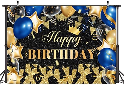 Лофарис Среќна позадина на Birtday сјае, црно злато сино возрасни забава, шампањ, шарени точки, позадина роденденска торта табела