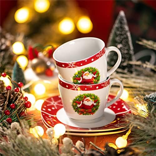 игкзм 12-Парче Божиќни Порцелански Садови За Пиење Еспресо Кафе Чаши За Чај И Чинии Поставете Услуга За Подароци за 6 Лица