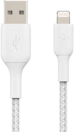 Belkin Dual USB полнач 24W + Молња Кабел Двојна USB Wallидна полнач, бел и плетенка кабел за молња, 6,5ft/2m, бело