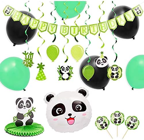Панда за роденденска забава се снабдува со балони, врвови за торта, украси