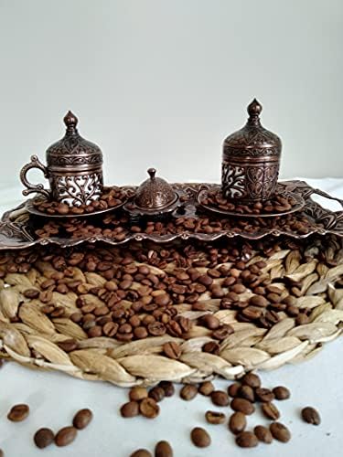 Шакратен бакар рачно изработен турски - грчки - арапски сет на кафе - Порцеланска метална плоча и чаша еспресо со капак - Турско кафе - Турски