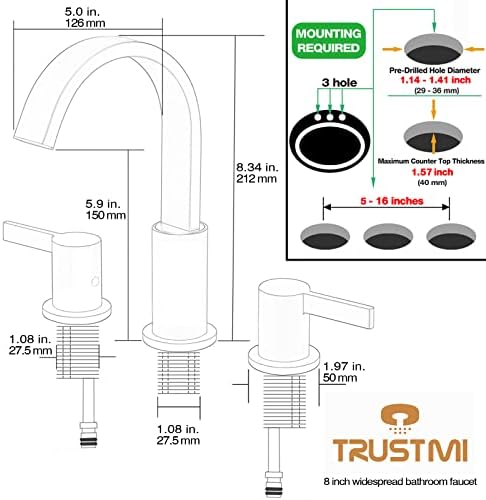Trustmi 2 рачка од 8 инчи широко распространета тапа за бања, модерна месинг суета мијалник водопад тапа со 3 дупки 3 дупки монтирани со метален