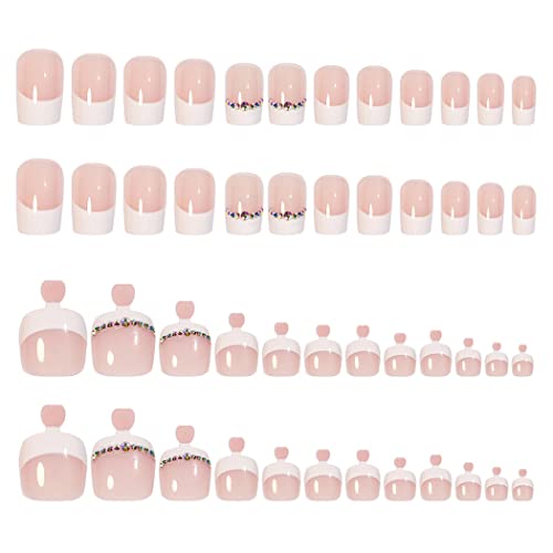 Аутјуа 48 парчиња Притиснете На Ноктите ноктите на нозете Француски Совети за Нокти Ринстон Со Средна Должина Ноктите На Ноктите На Прстите Сјајни