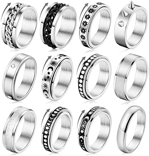 Dodder Fidget Rings for Anastistice кај жени мажи, 12 парчиња сребрени не'рѓосувачки челични прстени за вртење, ладно свадбено-пит-прстен