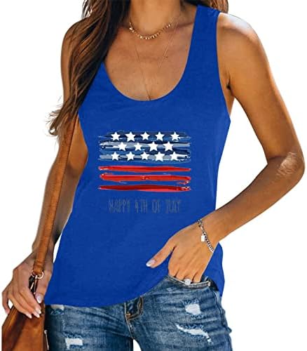 Среќен 4 -ти јули резервоар за врвови за жени Американско знаме кошула Симпатична буква печатена патриотска маичка летни врвови без ракави без ракави