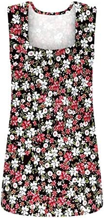 Резервоарот за вратот на квадратниот врат на Lcepcy за жени Симпатична цветна печатена печатена ракави со ракави кошули случајно лето лабава