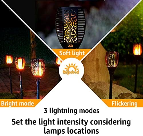 Rayodesol Solar Flame Torch Lights Надворешно, декоративно пакување од 1 парчиња секоја 96 LED ламба со танцување пламен факели Пејзаж, водоотпорен на отворено градина внатрешен дра?