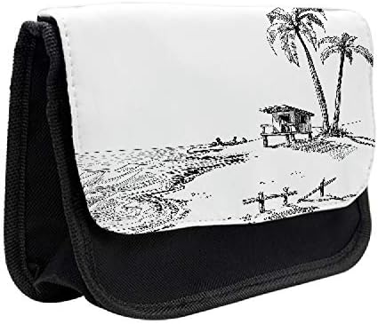Необичен скицичен молив случај, летна плажа со дланки, торба со молив со ткаенини со двоен патент, 8,5 x 5,5, бело и црно