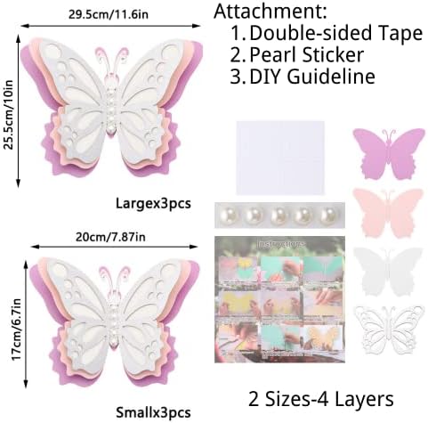 Големи 3Д налепници за butterидови од пеперутка 6 парчиња бисери пеперутка фреска декларации шупливи deisgn 4 слоеви пеперутка wallидни