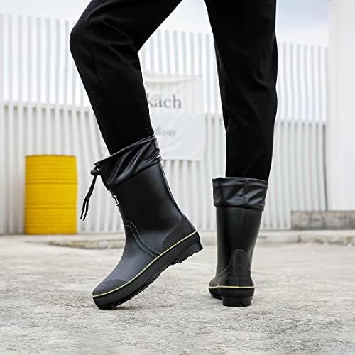 Дожд чизми за мажи, водоотпорни ПВЦ гумени чизми Менс градинарски чизми, удобност со средна телесна лесна прилагодлива чевли за дожд, еластични чизли на глуждот на
