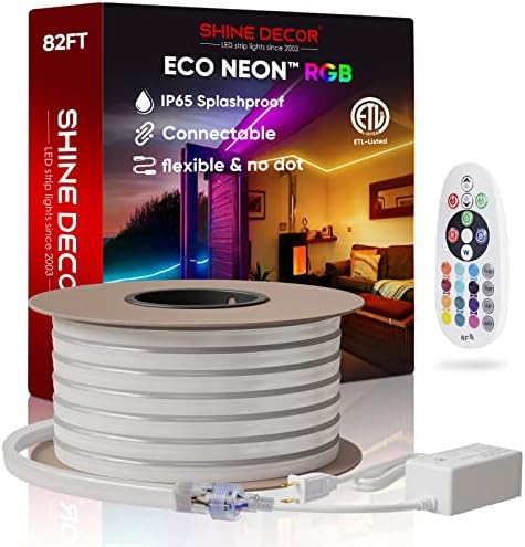 Сјај декор 82ft LED RGB Neon Rope Lights, ETL-список со AC 110-120V Неонски LED ленти Светла SMD5050 80LED/m со далечински, затемнен