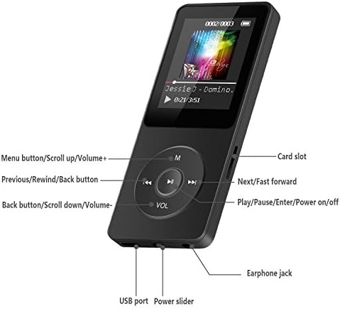 Agptek A02S 16 GB MP3 плеер со FM радио, гласовен рекордер, репродукција од 70 часа и проширување до 128 GB, црно