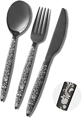 24-парчен сет на црни сребрени производи, цветна шема фенси лажици и вилушки сет, сет за прибор за прибор за прибор за прибор за не'рѓосувачки