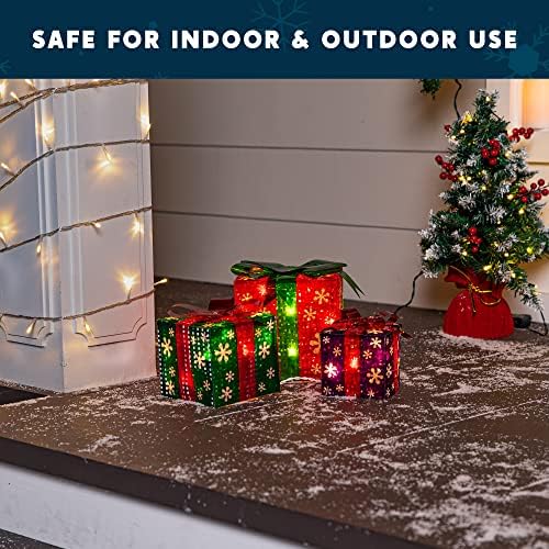 Комплет oedоидоми од 3 Божиќни осветлени кутии за подароци Божиќни украси, 50 снегулки пред-осветлени светла со блескаво светло со метални влогови