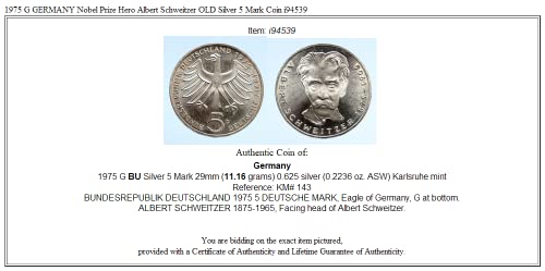1975 ДЕ 1975 Г ГЕРМАНИЈА Херој На НОБЕЛОВАТА Награда Алберт Швајцер 5 Марк Добар Несертифициран