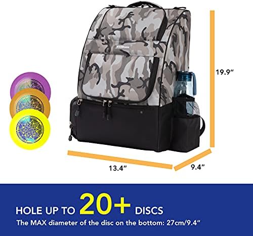 KGMCARE DISC Golf Bankpane Camuflage Disc Golf Tagn со 20+ диск капацитет носат голф торба за дискови за голф стартер Поставете два странични