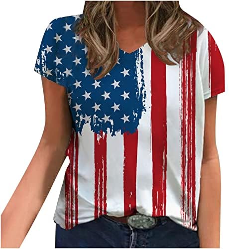 Дами блузи Денот на независноста на денот на знамето графички врвови на кратки ракави v вратот бренд есен летен блуз облека јуко