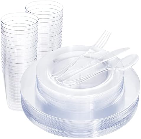 WDF 25 Гостин Јасни Пластични Чинии со Проѕирни Пластични Сребрени садови &засилувач; Проѕирни Пластични Чаши - Проѕирни Чинии за Еднократна
