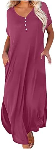 ЛМДУДАН Лето макси фустани за жени моден цврст џебен фустан во боја лабав краток ракав v вратот копче плажа долги фустани
