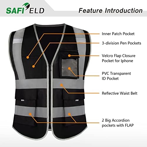 Safield Безбедност Рефлексивна работа елек 6 пакет за мажи и жени со 8 џебови и патент со висока видливост на надворешната облека