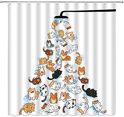 Врне мачки и кучиња туш завеса цртан филм Корги слатко маче смешно животно игра прекрасни миленичиња во када за туширање ткаенина за бања завеса со куки