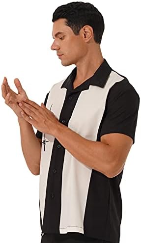 Винчанг Менс 50-ти ретро копче надолу во куглање со кратки ракави кубански стил ретро два тон кампови кошули црно и бело 001 3x-голем
