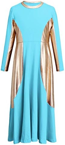 Owlfay девојки металик злато во боја блок литургиски пофалби танцувачки фустан лабаво вклопување со целосна должина руфен туничен костум