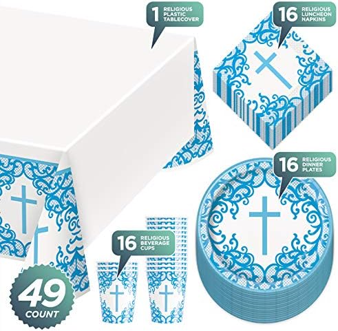 Фенси сино религиозен крст вечера за забава - хартиени плочи, салфетки за ручек, чаши и комплет за покривање на маса