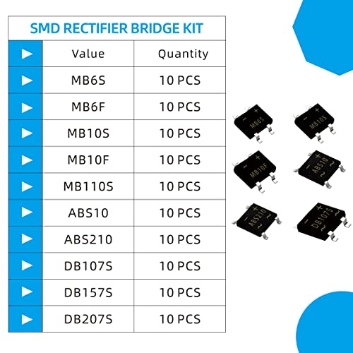 Кокизо 10 вредност 100 парчиња SMD исправувач на мост за разновиден асортиман на комплет