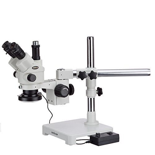 AMSCOPE 3.5X-45X SIMUL-FOCAL стерео-заклучен микроскоп на зумирање на држач за единечна рака со 144 предводени од прстенеста светлина