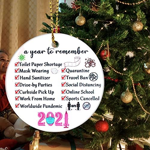 JSJOY 2021 Божиќни украси околу керамички двострани печатени 2021 годишно за да се запамети украс за украси за новогодишни украси за украси