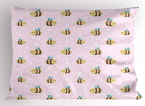 Ambesonne Cartoon Pillow Sham, повторувачки насмеани пчели зуи радосни животни смеа пастелни тонови дизајн, декоративна стандардна големина