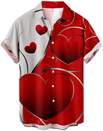 Маици за мажи Обични копчиња Денот на вineубените, loveубовниот печатење со џеб со кратки ракави за џеб, хавајски кошули