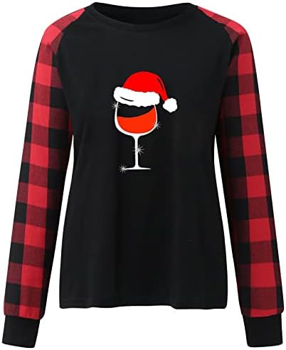 Женски Божиќни туники врвови мода 2023 година Нова Година со долги ракави, џемпери со екипаж, карирани чаши за вино, печати џемпер